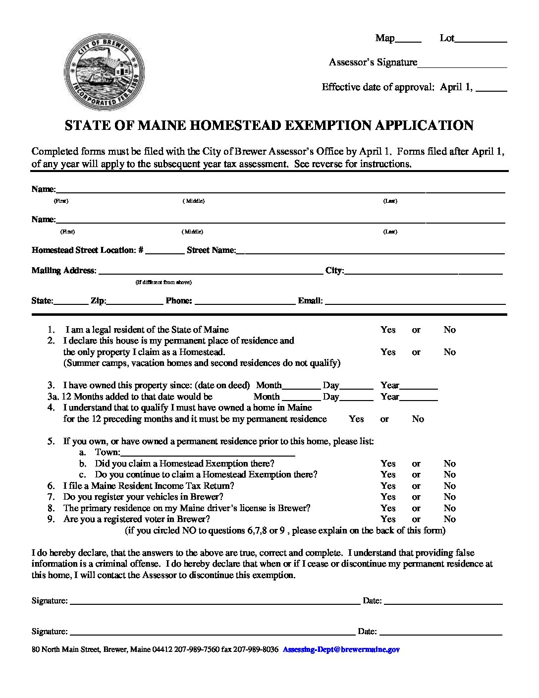 BREWER HOMESTEAD EXEMPTION APPLICATION • The City of Brewer, Maine