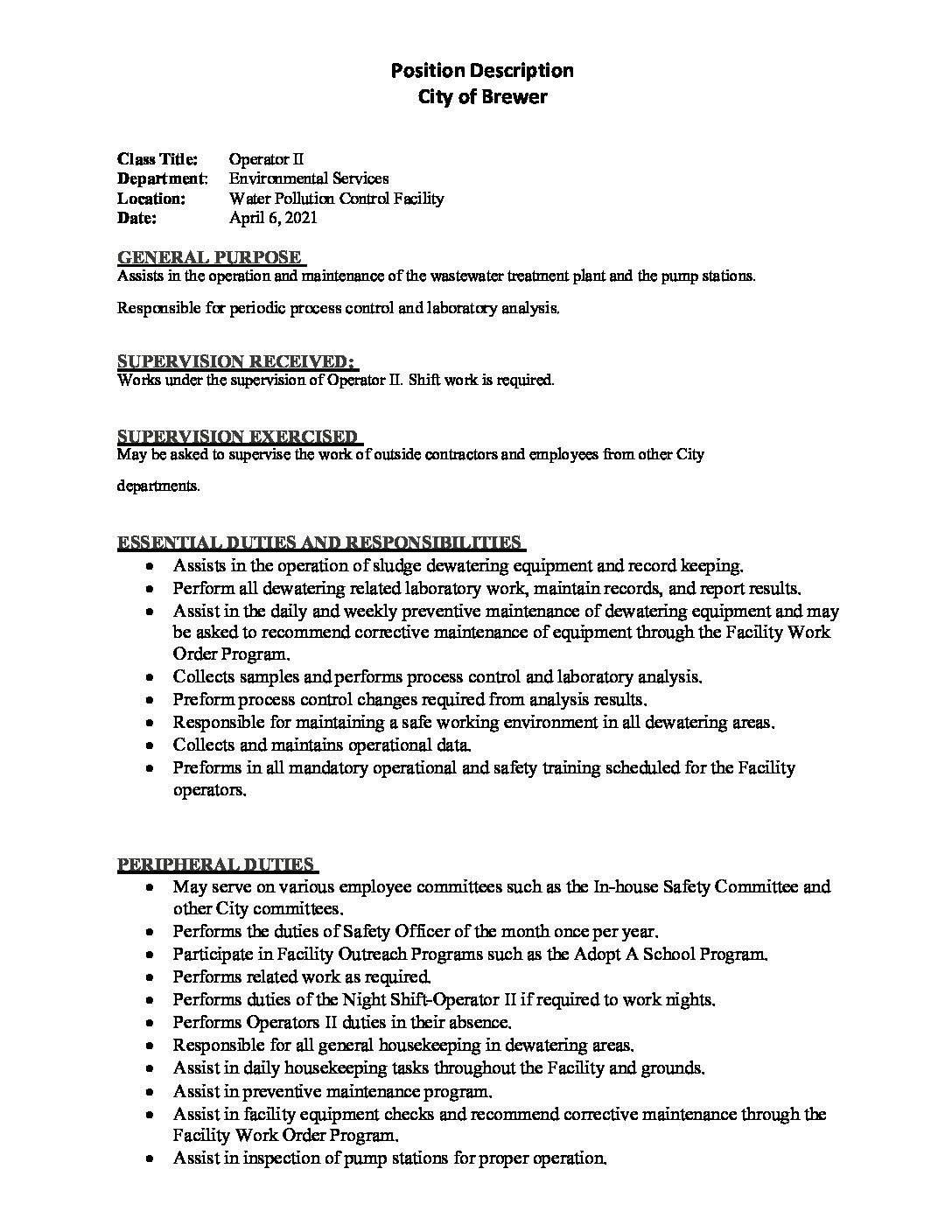 WWTP - Operator II Job Description • The City of Brewer, Maine